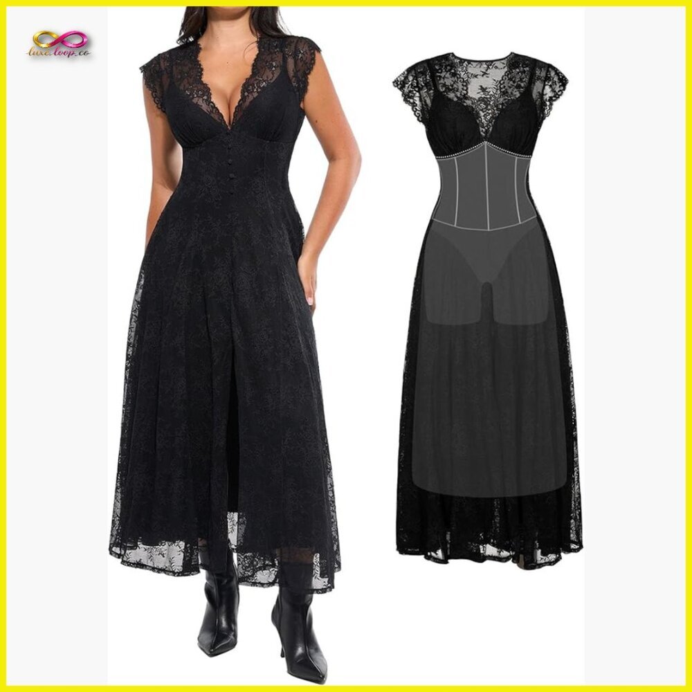 Elegant Lace Maxi Dress Formal Wedding Guest Shapewear A-Line V-Neck
